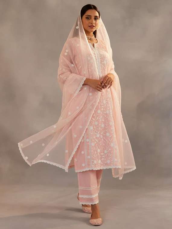 women solid with work three quarter sleeve kurta pant with dupatta set - 22393596 -  Standard Image - 2