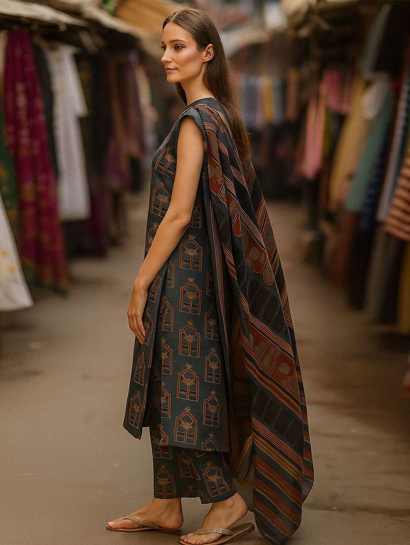 women printed sleeveless kurta palazzo with dupatta set - 22393607 -  Standard Image - 2