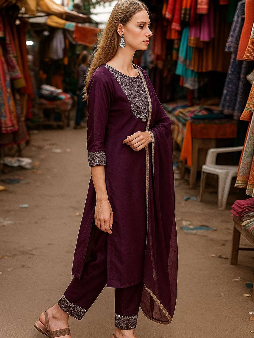 women solid with work three quarter sleeve kurta pant with dupatta set - 22393612 -  Standard Image - 2