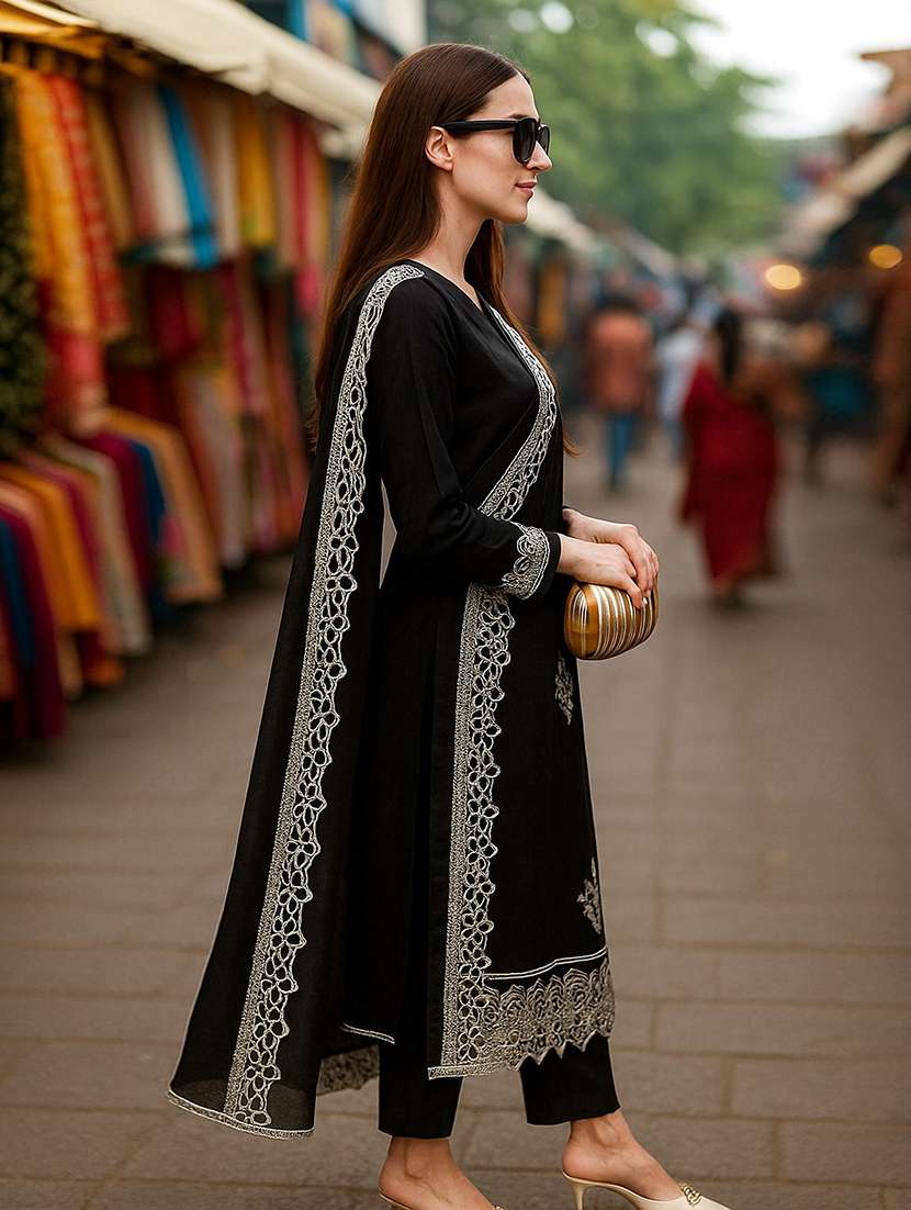 Women Solid With Work Three Quarter Sleeve Kurta Pant With Dupatta Set - 22393614 -  Standard Image - 2