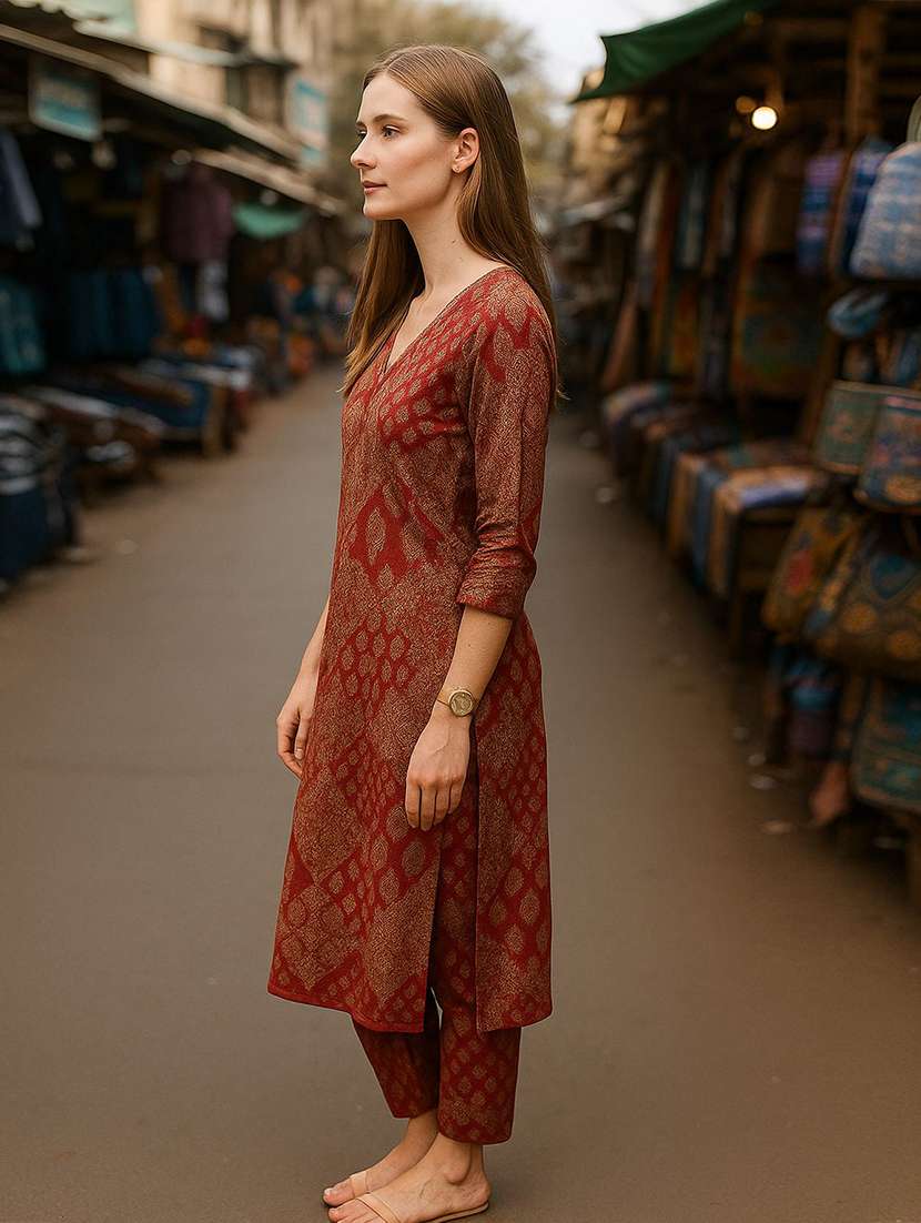 women printed three quarter sleeve kurta pant set - 22393615 -  Standard Image - 2