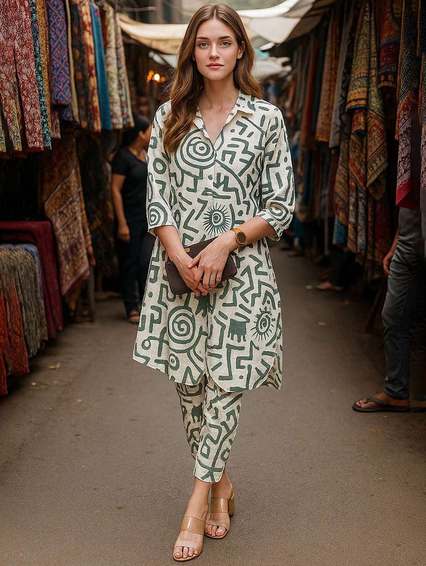 women printed three quarter sleeve kurta pant set