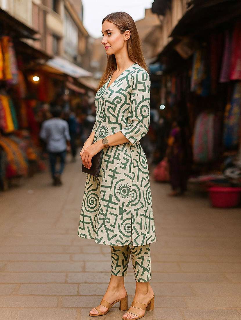 women printed three quarter sleeve kurta pant set - 22393621 -  Standard Image - 2