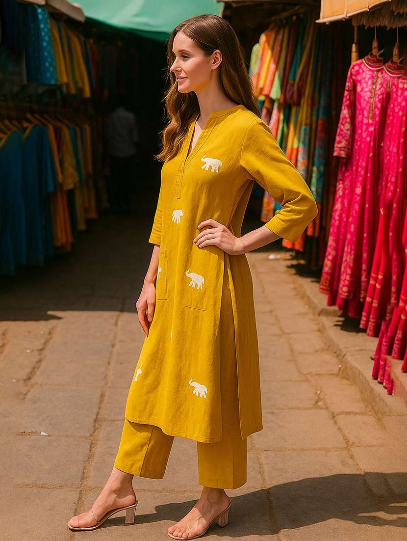 women solid with work three quarter sleeve kurta pant set - 22393632 -  Standard Image - 2