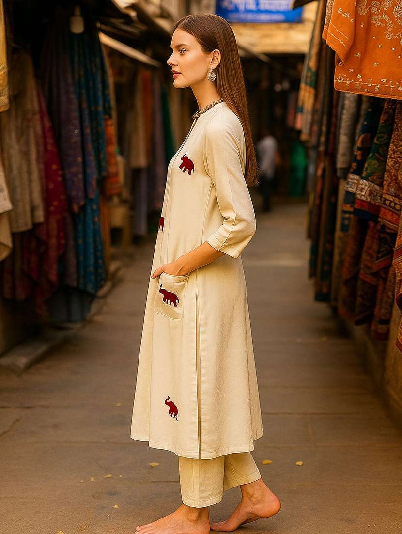 women solid with work three quarter sleeve kurta pant set - 22393633 -  Standard Image - 2