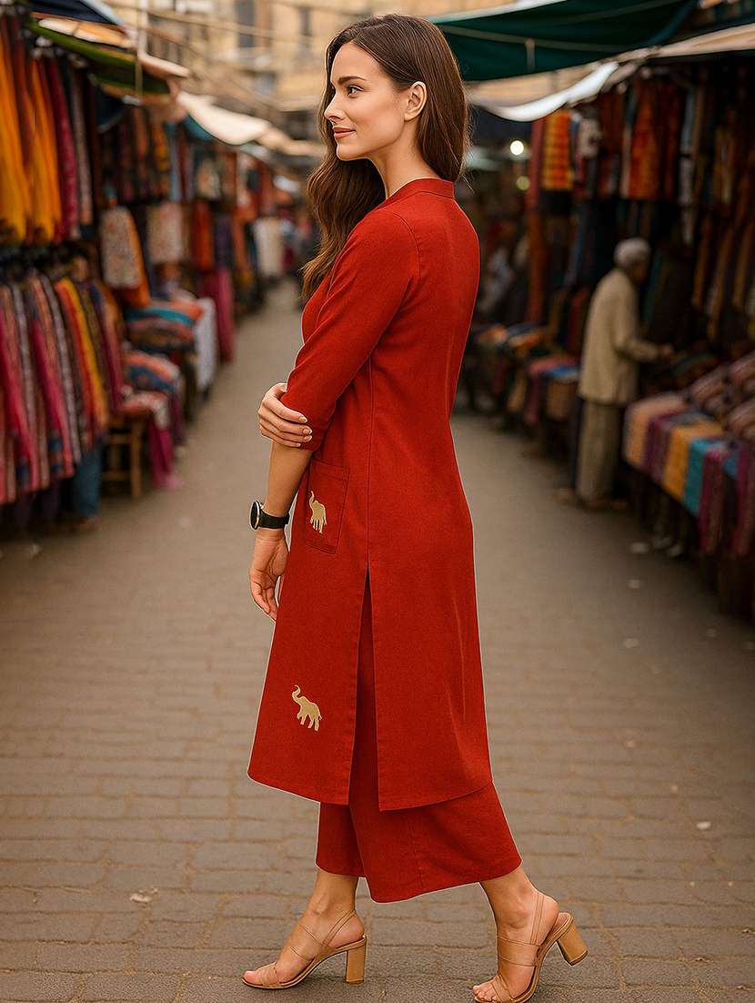 women solid with work three quarter sleeve kurta pant set - 22393636 -  Standard Image - 2