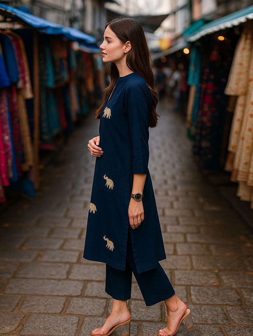 women solid with work three quarter sleeve kurta pant set - 22393638 -  Standard Image - 2