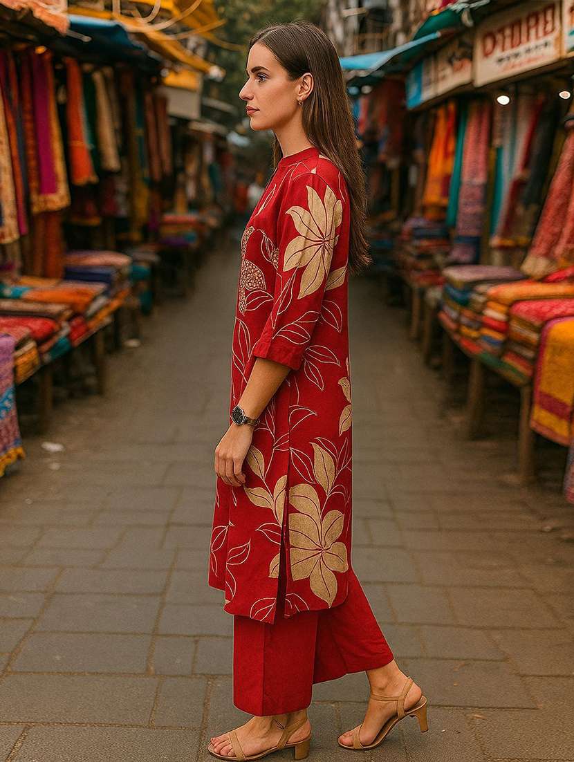 women printed three quarter sleeve kurta pant set - 22393643 -  Standard Image - 2