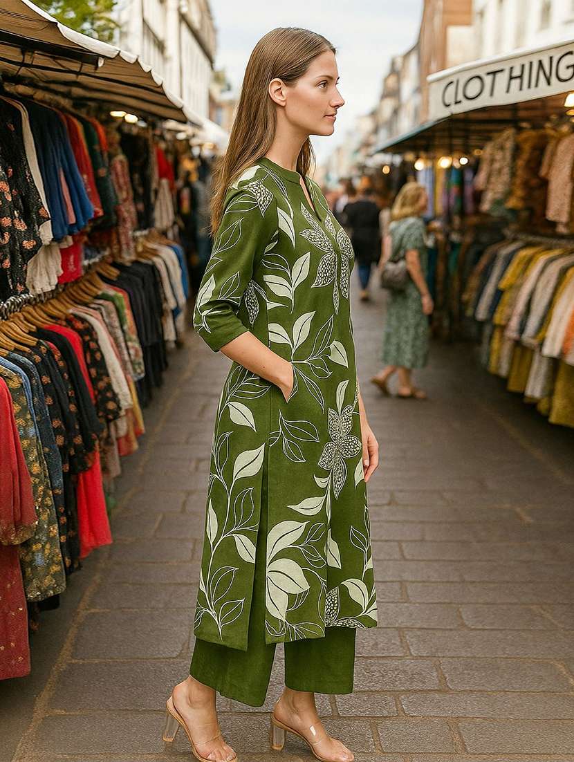 Women Printed Three Quarter Sleeve Kurta Pant Set - 22393644 -  Standard Image - 2