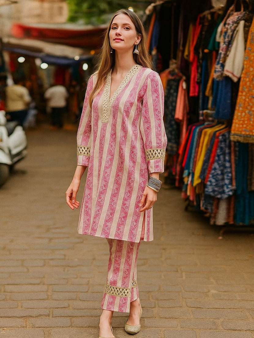 women printed three quarter sleeve ethnic co-ord set