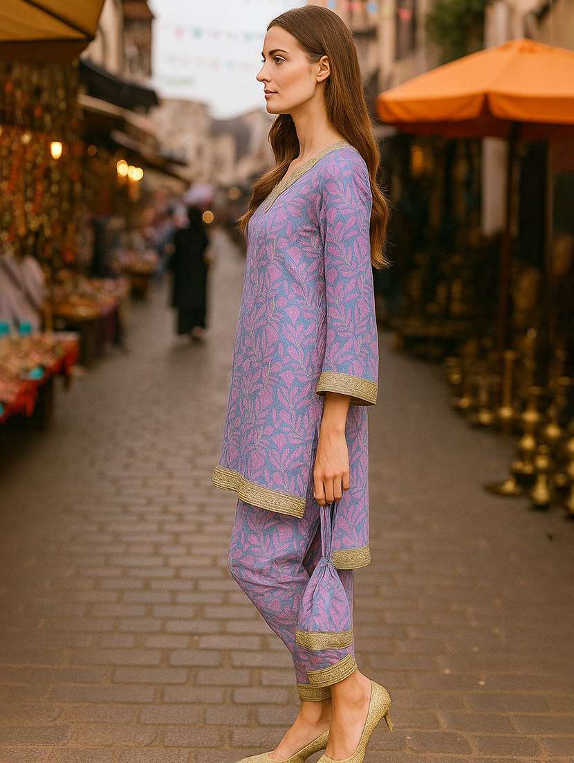 women printed three quarter sleeve kurta pant set - 22393659 -  Standard Image - 2