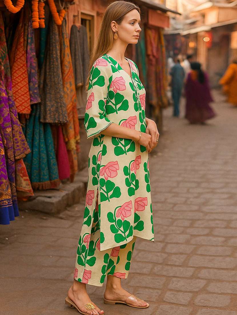 women printed three quarter sleeve kurta pant set - 22393691 -  Standard Image - 2