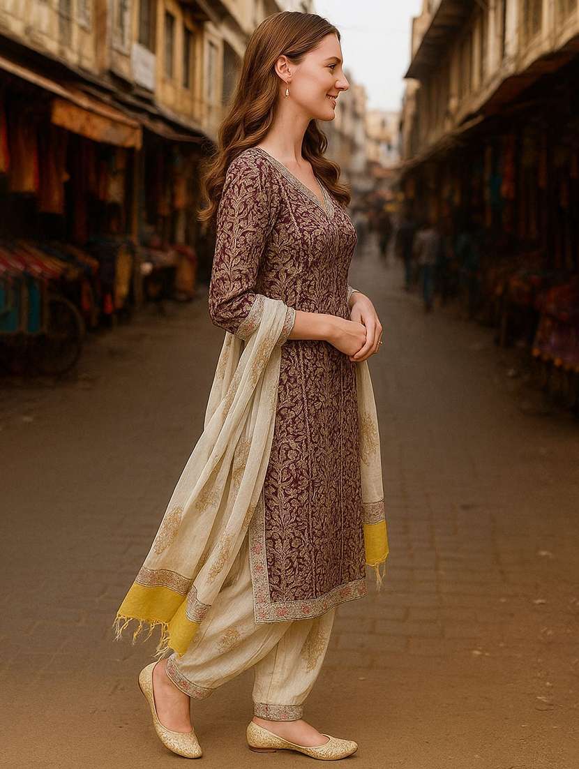 women printed three quarter sleeve kurta salwar with dupatta set - 22393729 -  Standard Image - 2