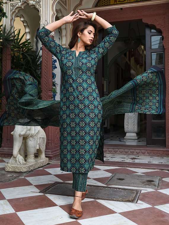 women printed three quarter sleeve kurta pant with dupatta set - 22393732 -  Standard Image - 2