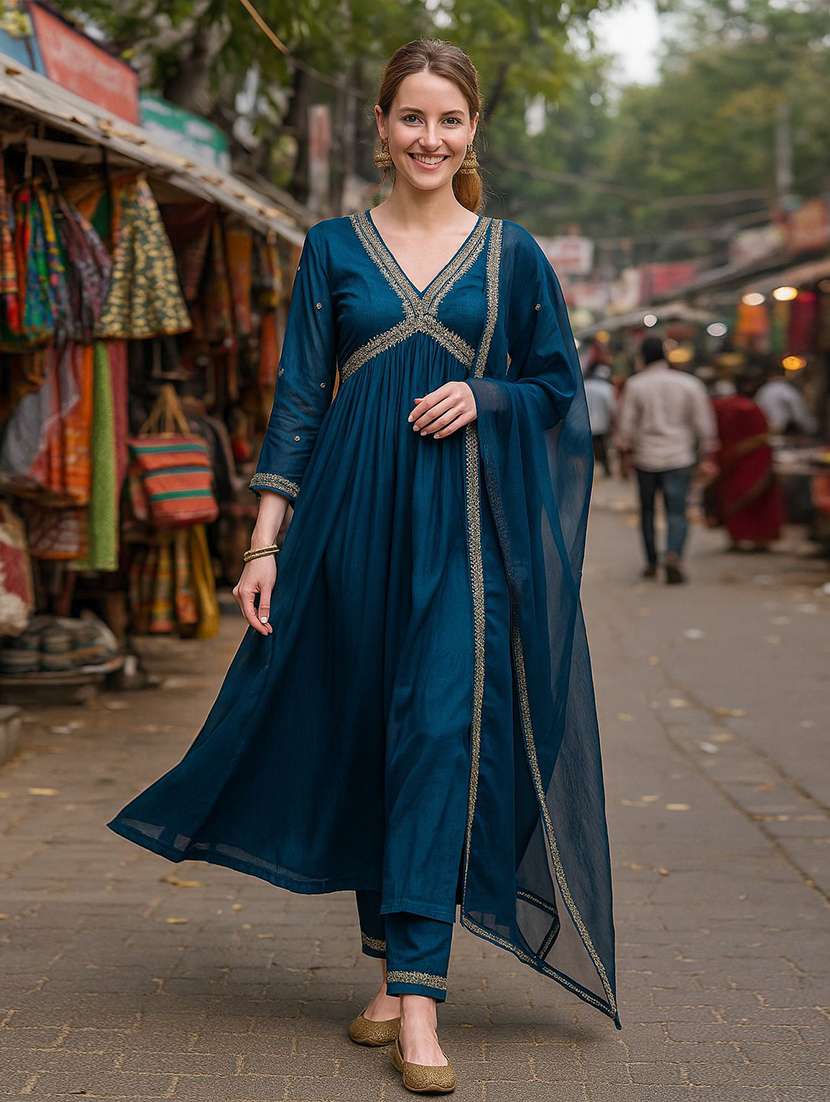 women solid with work three quarter sleeve kurta pant with dupatta set