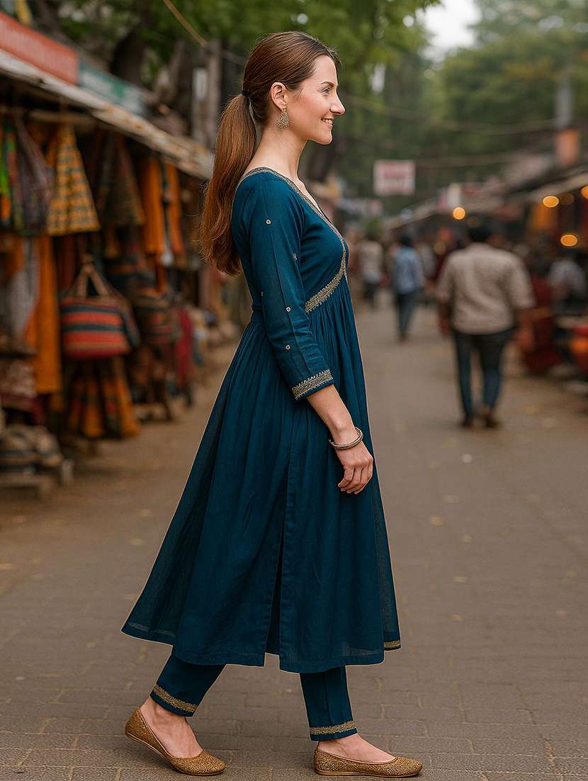 women solid with work three quarter sleeve kurta pant with dupatta set - 22393739 -  Standard Image - 2