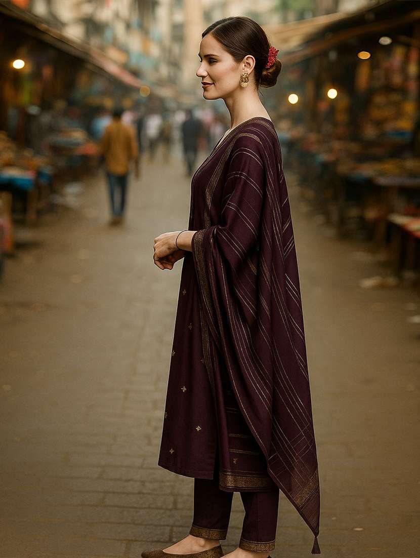 women solid with work three quarter sleeve kurta pant with dupatta set - 22393741 -  Standard Image - 2