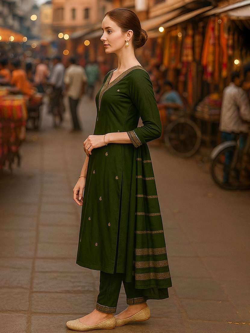 women solid with work three quarter sleeve kurta pant with dupatta set - 22393743 -  Standard Image - 2