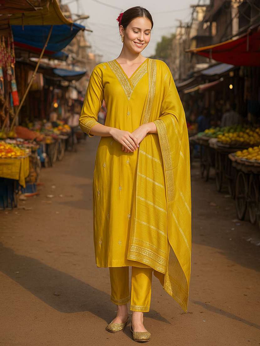 women solid with work three quarter sleeve kurta pant with dupatta set