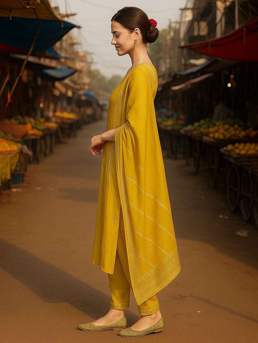 women solid with work three quarter sleeve kurta pant with dupatta set - 22393744 -  Standard Image - 2