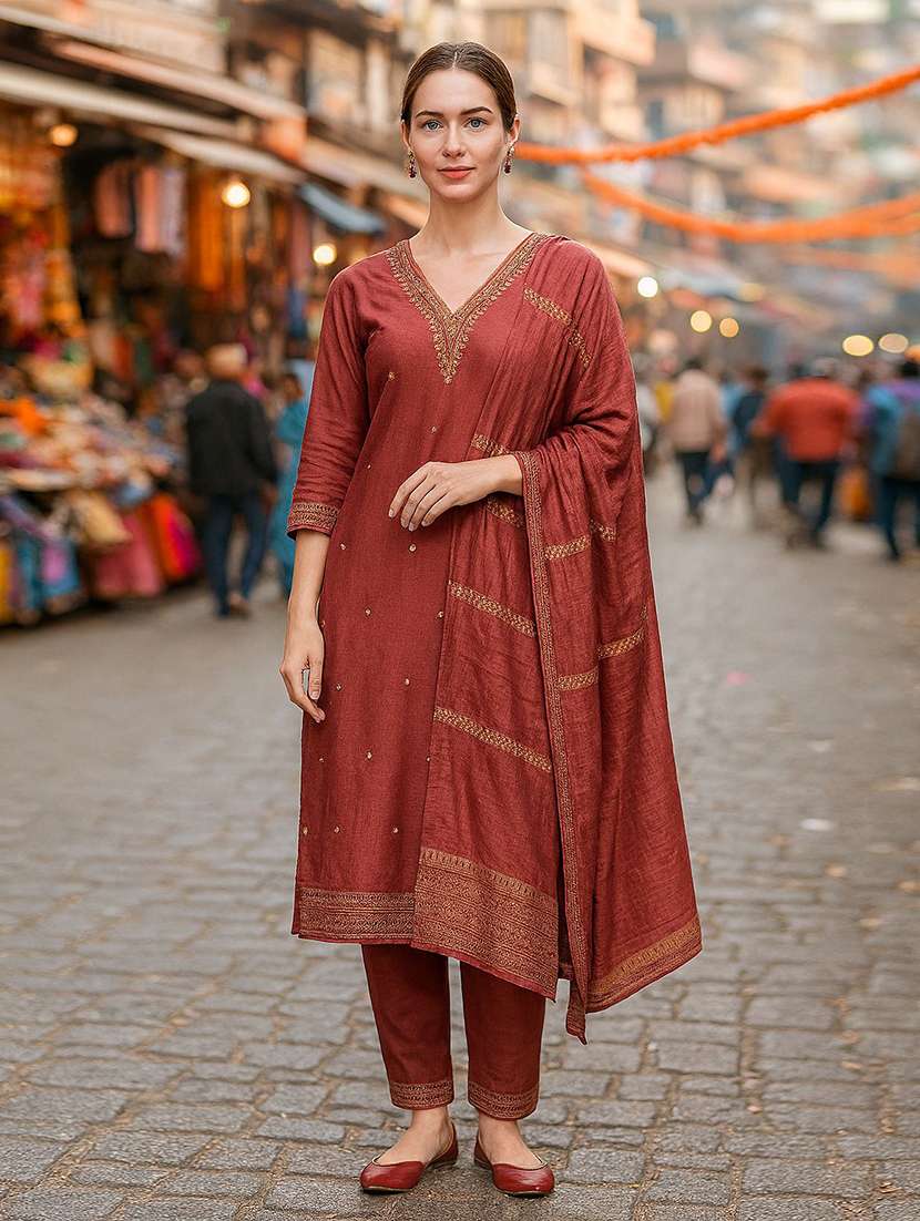 women solid with work three quarter sleeve kurta pant with dupatta set