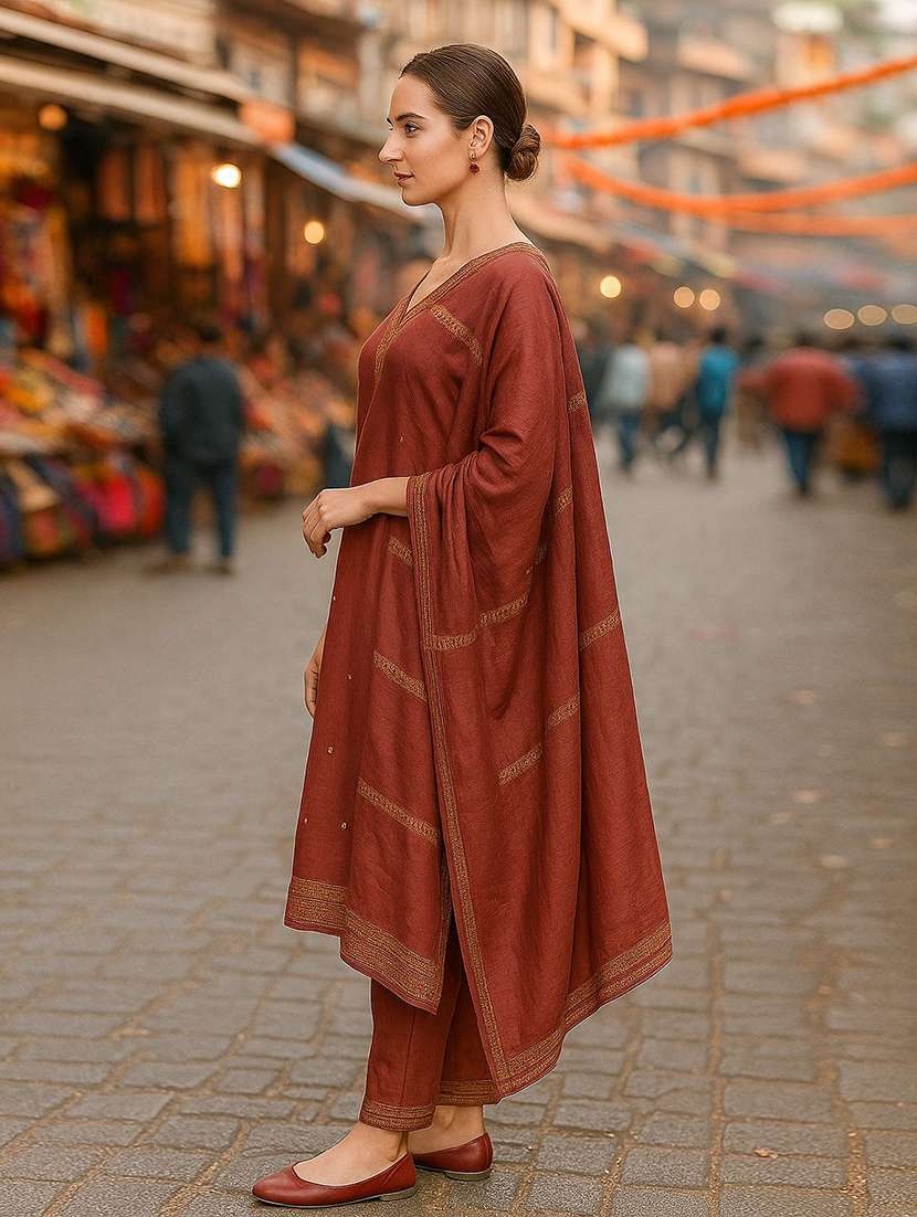 women solid with work three quarter sleeve kurta pant with dupatta set - 22393745 -  Standard Image - 2