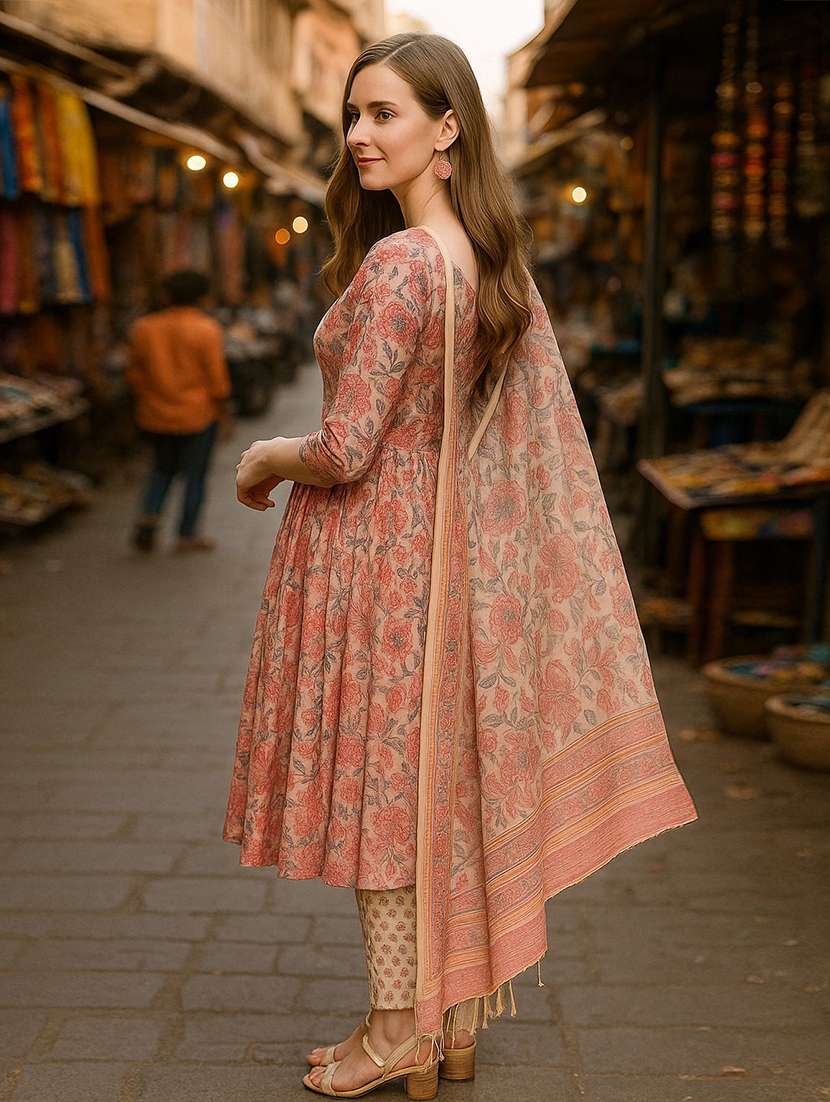 women floral three quarter sleeve kurta pant with dupatta set - 22393747 -  Standard Image - 2