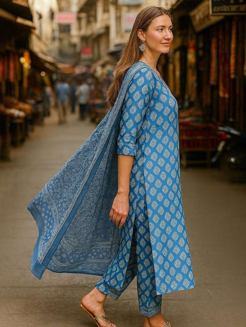 women printed three quarter sleeve kurta pant with dupatta set - 22393748 -  Standard Image - 2