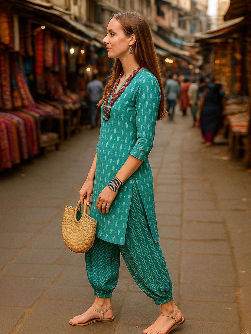 women printed three quarter sleeve kurta salwar set - 22393750 -  Standard Image - 2