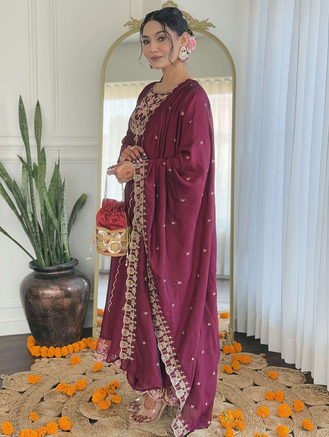 women solid with work three quarter sleeve kurta pant with dupatta set - 22393775 -  Standard Image - 2