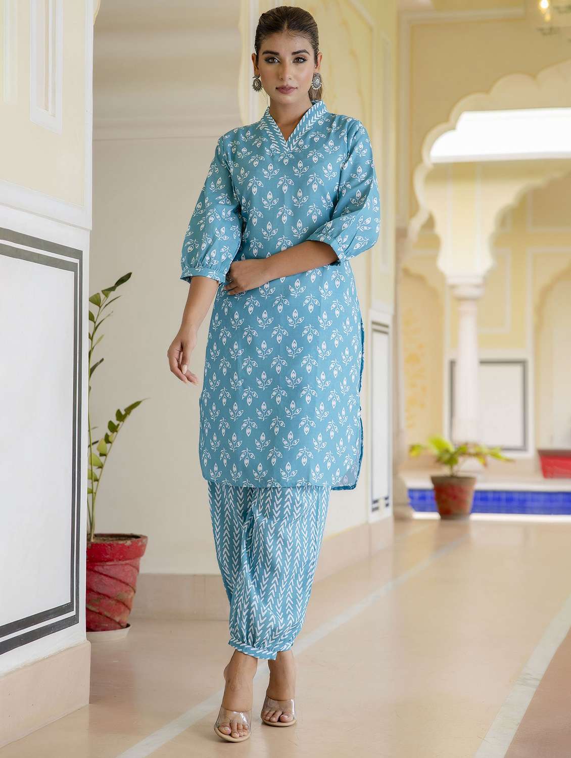 women printed three quarter sleeve kurta salwar set - 22393806 -  Standard Image - 2