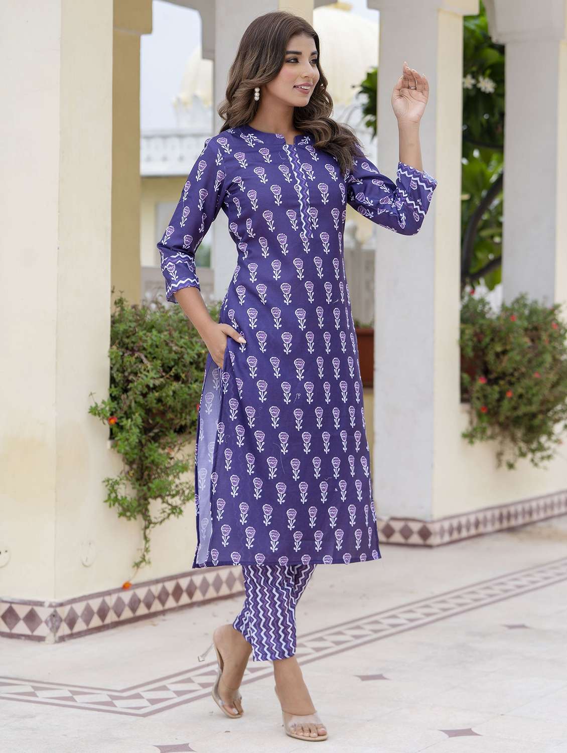 women printed three quarter sleeve kurta pant set - 22393811 -  Standard Image - 2