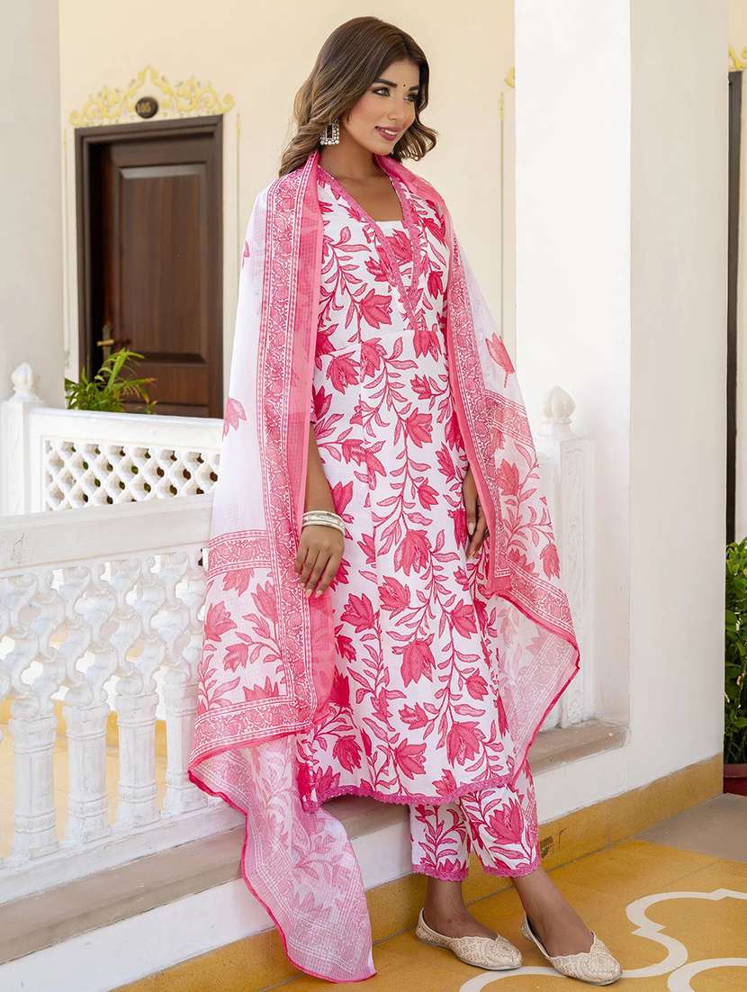 women printed three quarter sleeve kurta pant with dupatta set - 22393819 -  Standard Image - 2