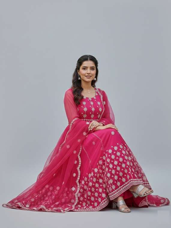 women solid with work semi-stitched gown with dupatta - 22393820 -  Standard Image - 2