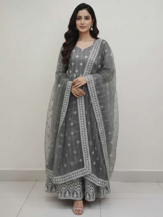 women solid with work semi-stitched gown with dupatta - 22393828 -  Standard Image - 2