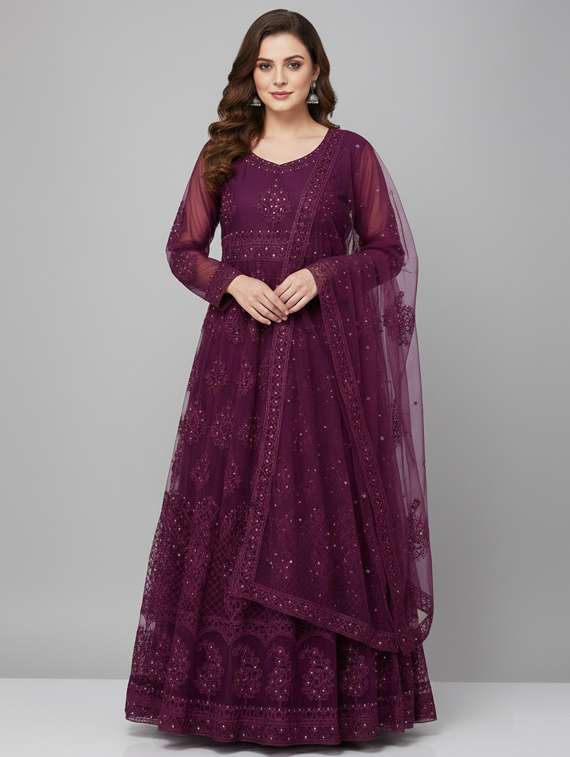 women solid with work semi-stitched gown with dupatta - 22393834 -  Standard Image - 2