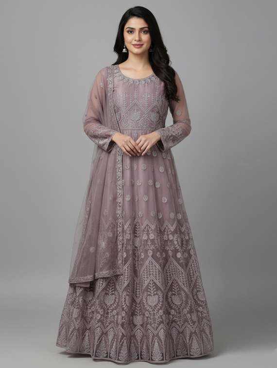 women solid with work semi-stitched gown with dupatta - 22393840 -  Standard Image - 2