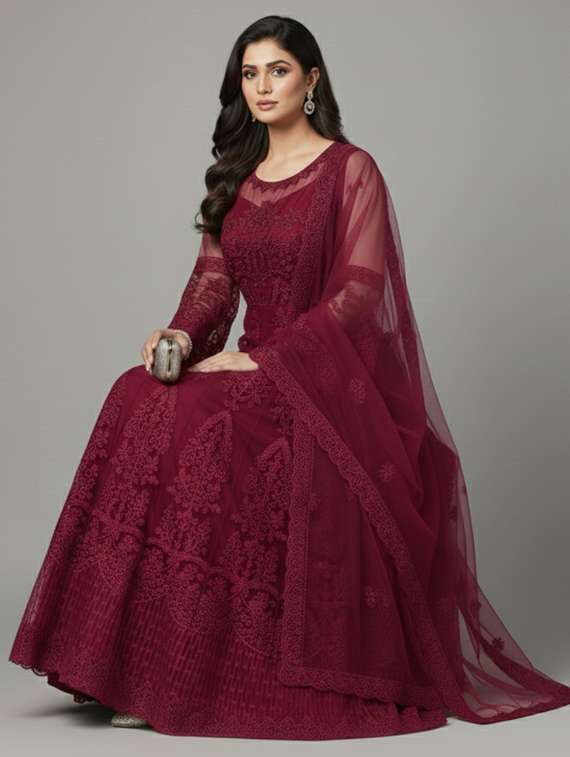 women solid with work semi-stitched gown with dupatta - 22393853 -  Standard Image - 2