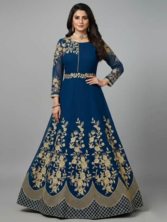 women solid with work semi-stitched gown  - 22393862 -  Standard Image - 2