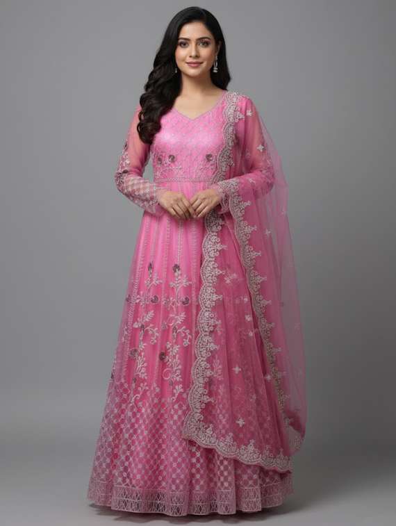 women solid with work semi-stitched gown with dupatta - 22393867 -  Standard Image - 2