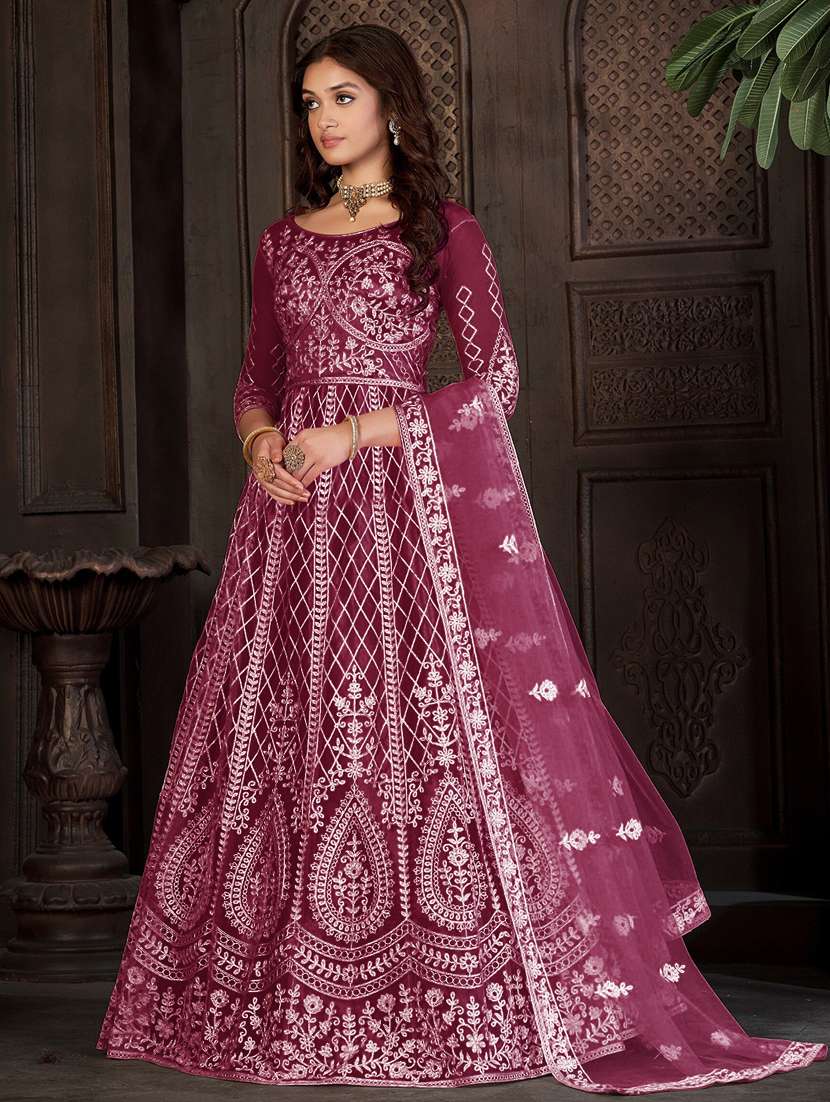 women solid with work semi-stitched gown with dupatta - 22393868 -  Standard Image - 2