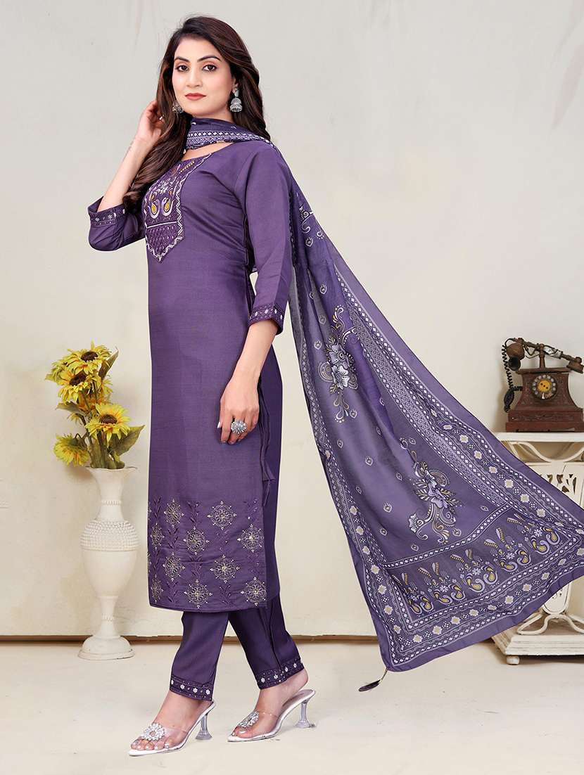 women solid with work three quarter sleeve kurta pant with dupatta set - 22393895 -  Standard Image - 2