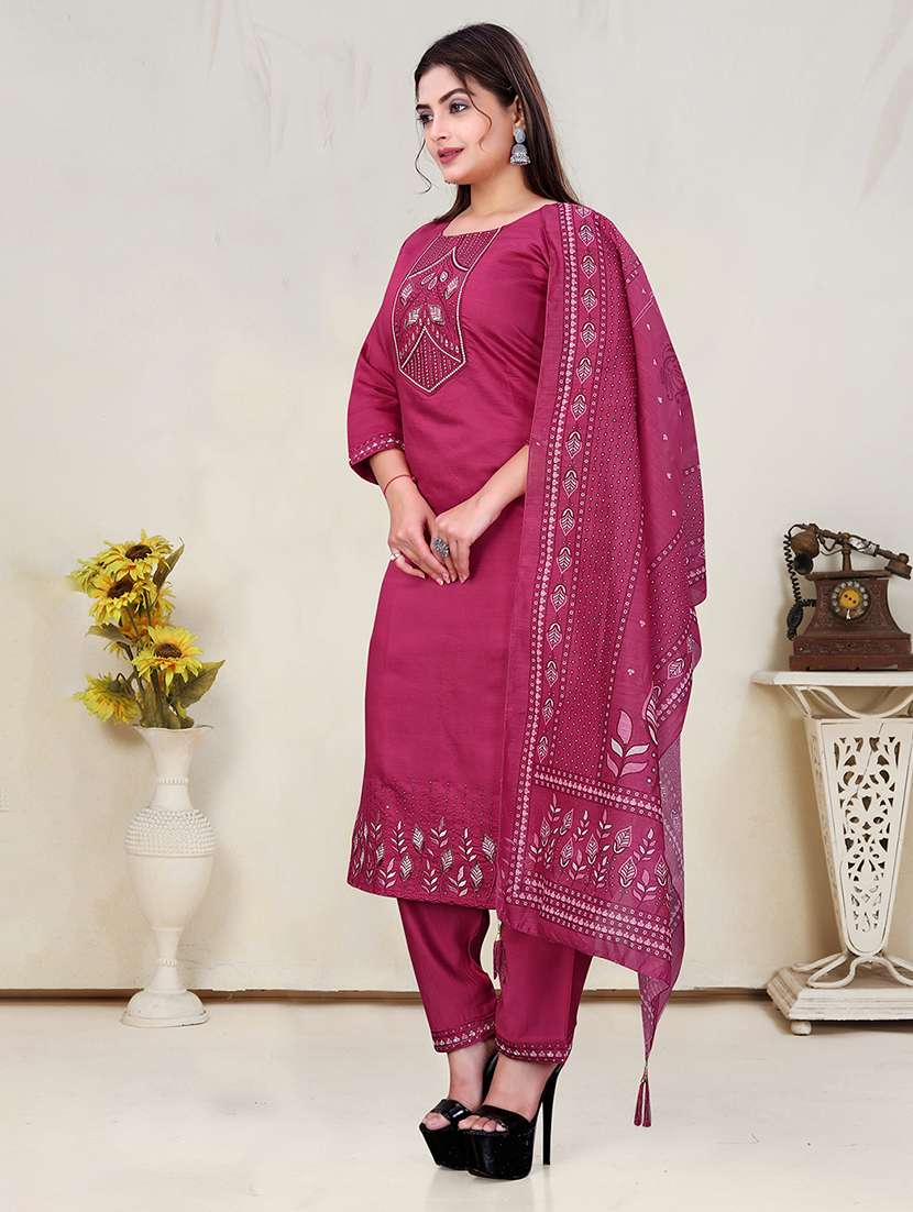 women solid with work three quarter sleeve kurta pant with dupatta set - 22393897 -  Standard Image - 2