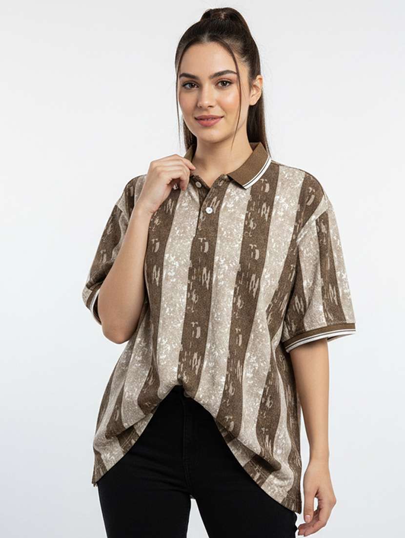 women printed short sleeve oversized polo t-shirt