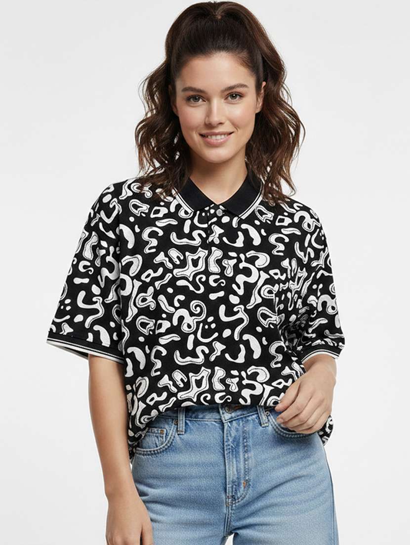 women printed short sleeve oversized polo t-shirt