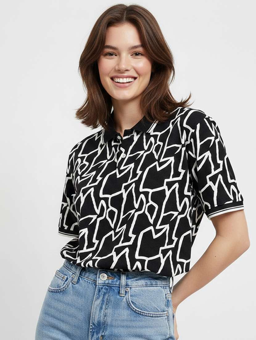 women printed short sleeve oversized polo t-shirt