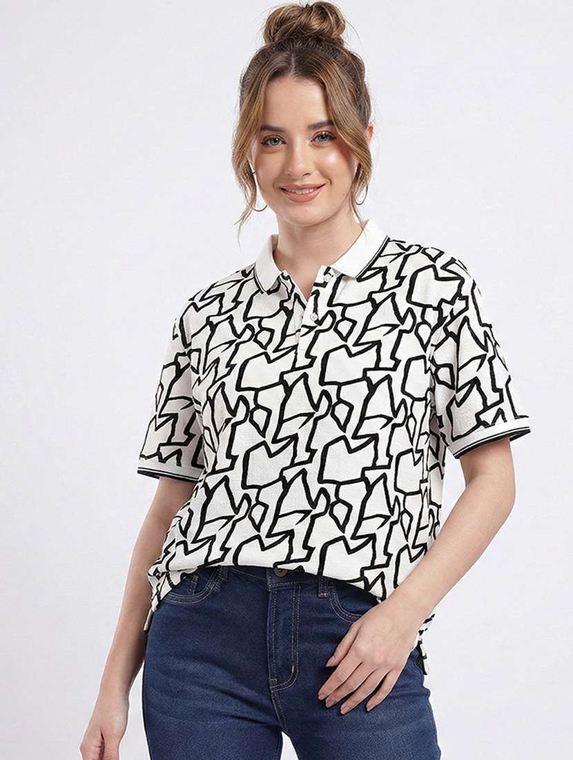 women printed short sleeve oversized polo t-shirt