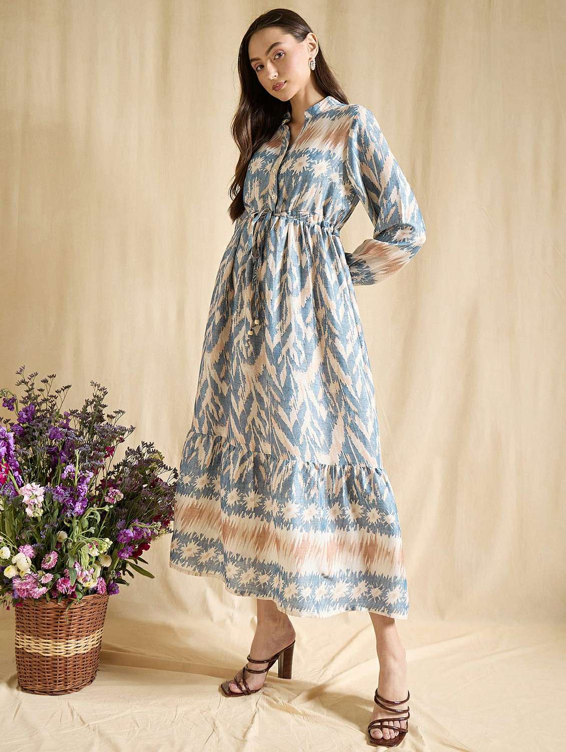 women printed long sleeve tiered dress - 22393993 -  Standard Image - 2