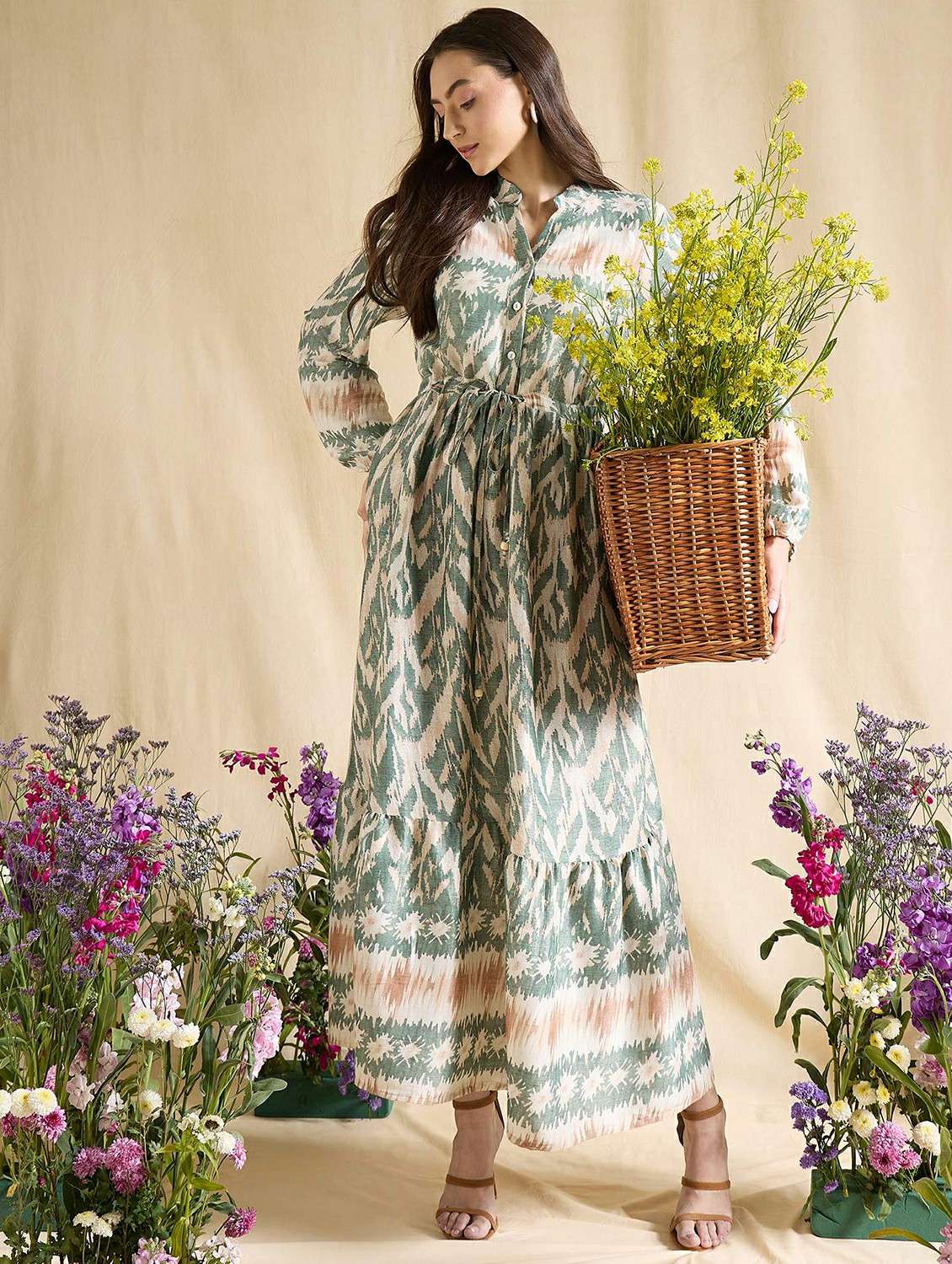 women printed long sleeve tiered dress