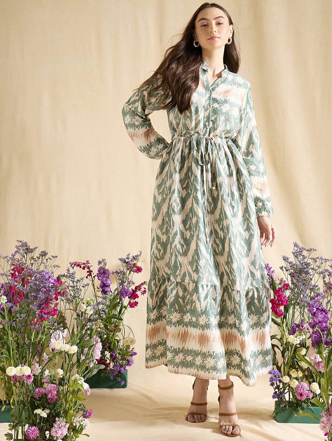 women printed long sleeve tiered dress - 22393994 -  Standard Image - 2